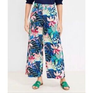 LOFT Multicolor Floral Tropical Linen Blend Elastic Waist Wide Leg Pants Size MT